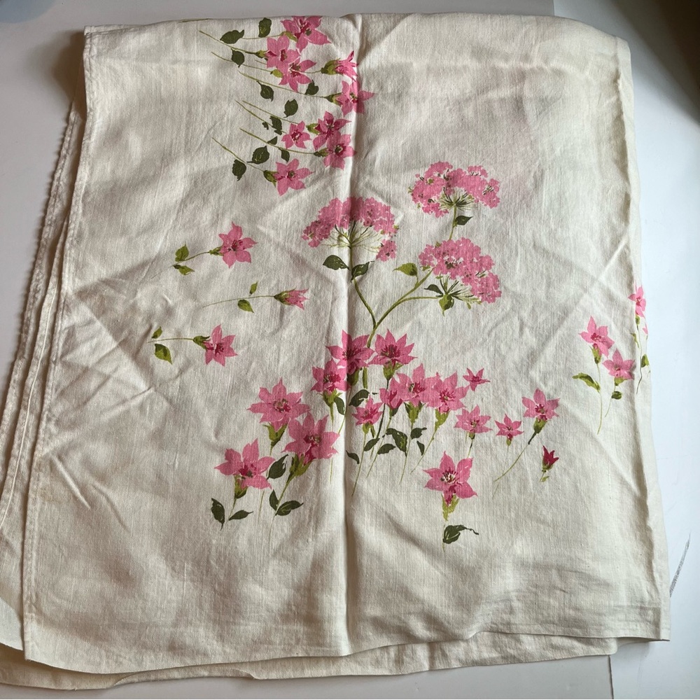 Vintage Linen Square Tablecloth with Pink Flowers
